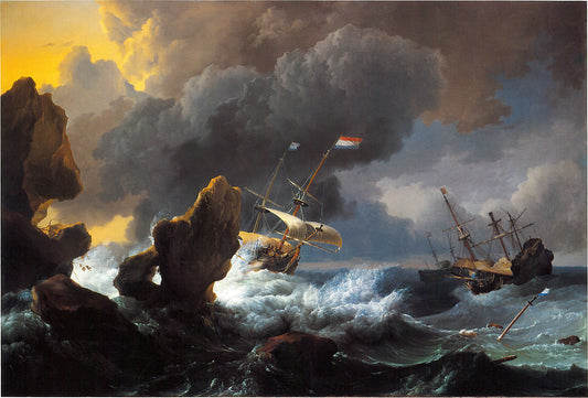 Ships in Distress off a Rocky Coast, vintage artwork by Ludolf Backhuysen, 12x8" (A4) Poster