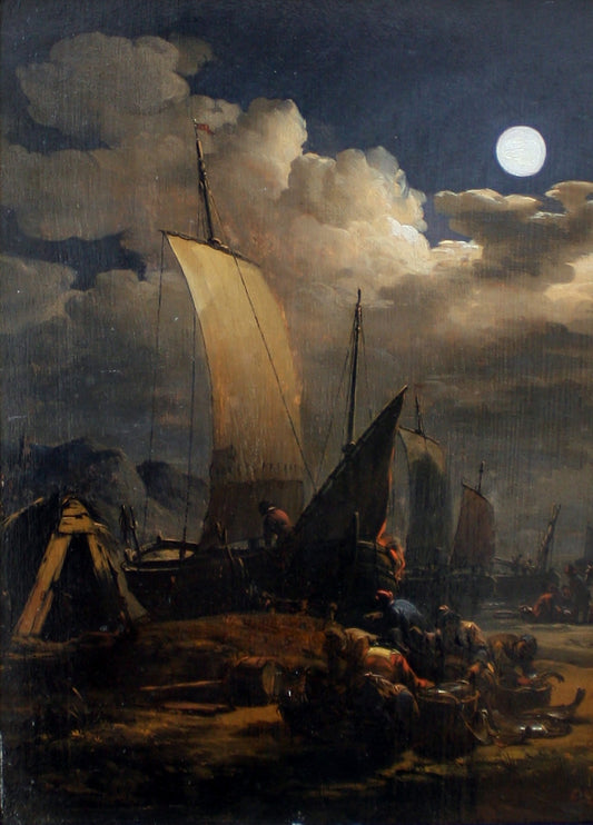 Seaport in the Moonlight, vintage artwork by Egbert van der Poel, 12x8" (A4) Poster