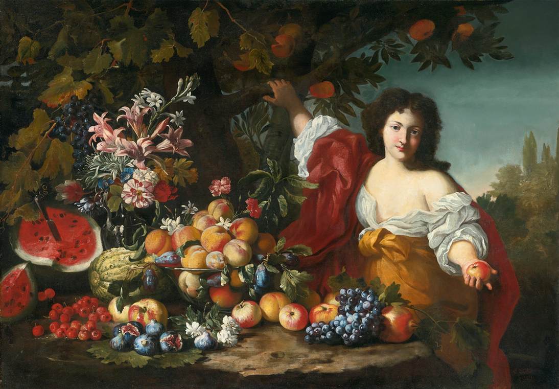 Still-Life of Fruits and Flowers with a Figure, vintage artwork by Abraham Brueghel, 12x8" (A4) Poster