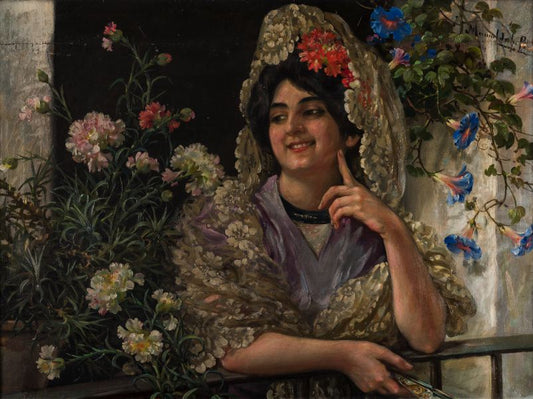 Lady with mantilla and carnations, vintage artwork by Manuel de la Rosa, 12x8" (A4) Poster