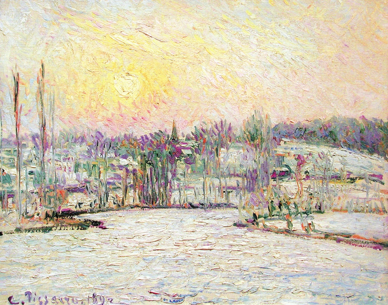 Bazincourt, Sunset, Snow Effect, vintage artwork by Camille Pissarro, 12x8" (A4) Poster