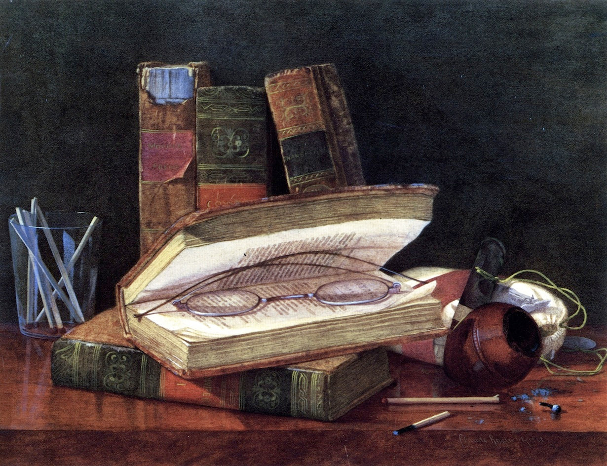 Still LIfe with Books and Spectacles, vintage artwork by Claude Raguet Hirst, 12x8" (A4) Poster