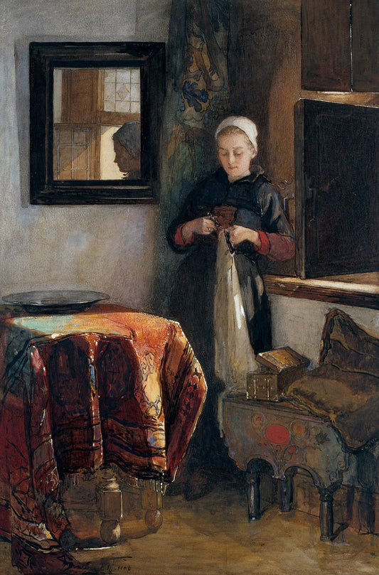 The Sunny Corner: Young Woman in a Room in Hindelopen, vintage artwork by Christoffel Bisschop, 12x8" (A4) Poster