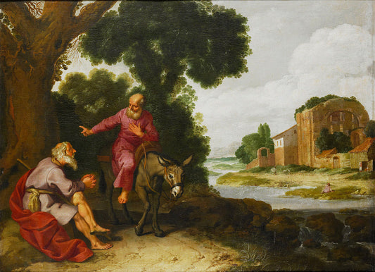 The prophet of Bethel meets the man of God from, vintage artwork by Lambert Jacobsz, 12x8" (A4) Poster