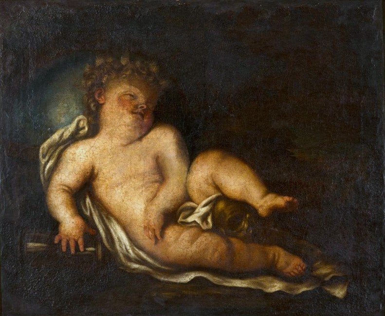 Childhood with attributes of life and death, vintage artwork by Elisabetta Sirani, 12x8" (A4) Poster