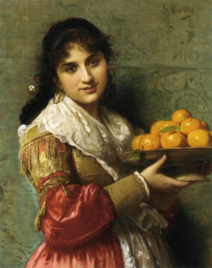 A Young Italian Beauty with a Plate of Oranges, vintage artwork by Giovanni Costa, 12x8" (A4) Poster