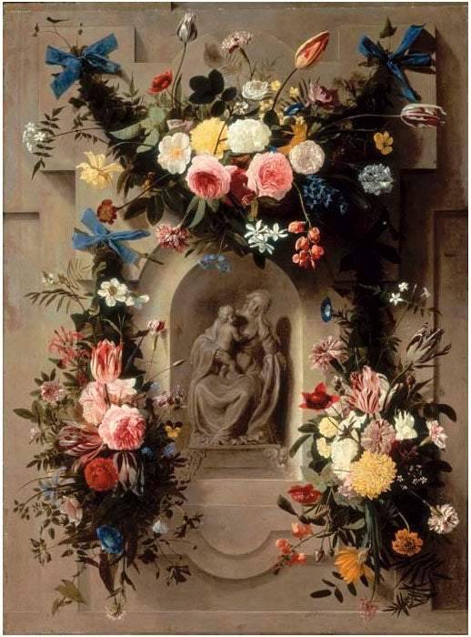 Garlands of Flowers surrounding a Statue of the Madonna and Child in a Niche, vintage artwork by Johannes van der Baren, 12x8" (A4) Poster
