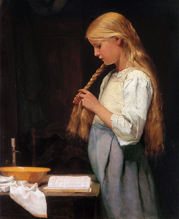 Girl Braiding Her Hair, vintage artwork by Albert Anker, 12x8" (A4) Poster