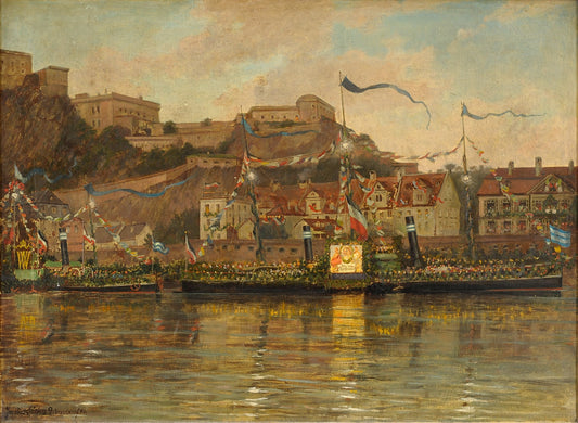 A decorated Rhine steamer on the day of the visit of Kaiser Wilhelm II in Coblenz, vintage artwork by Jacobus Leisten, 12x8" (A4) Poster