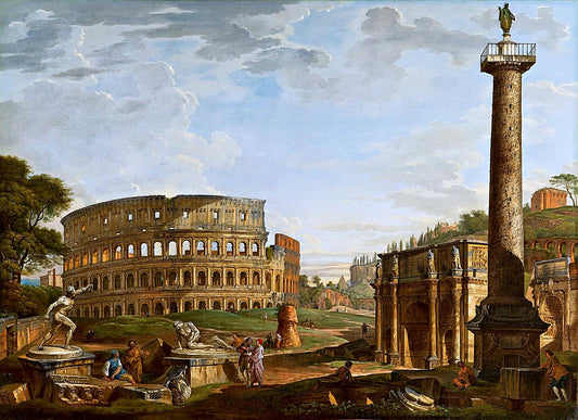 Capriccio with a view of the Colosseum and the Arch of Constantine, vintage artwork by Giovanni Paolo Panini, 12x8" (A4) Poster