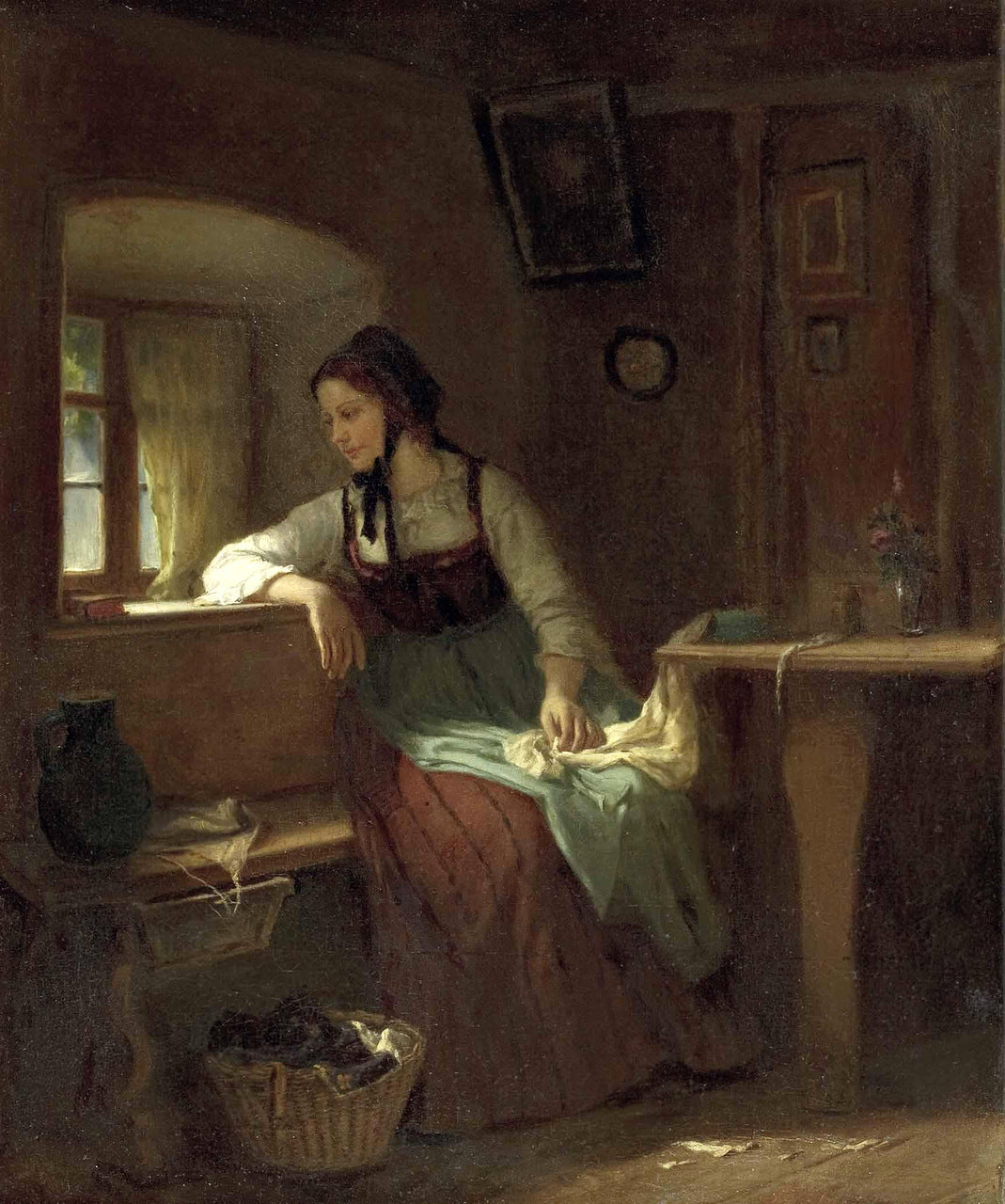 Young Peasant Girl at the Window, vintage artwork by Ludwig Vollmar, 12x8" (A4) Poster