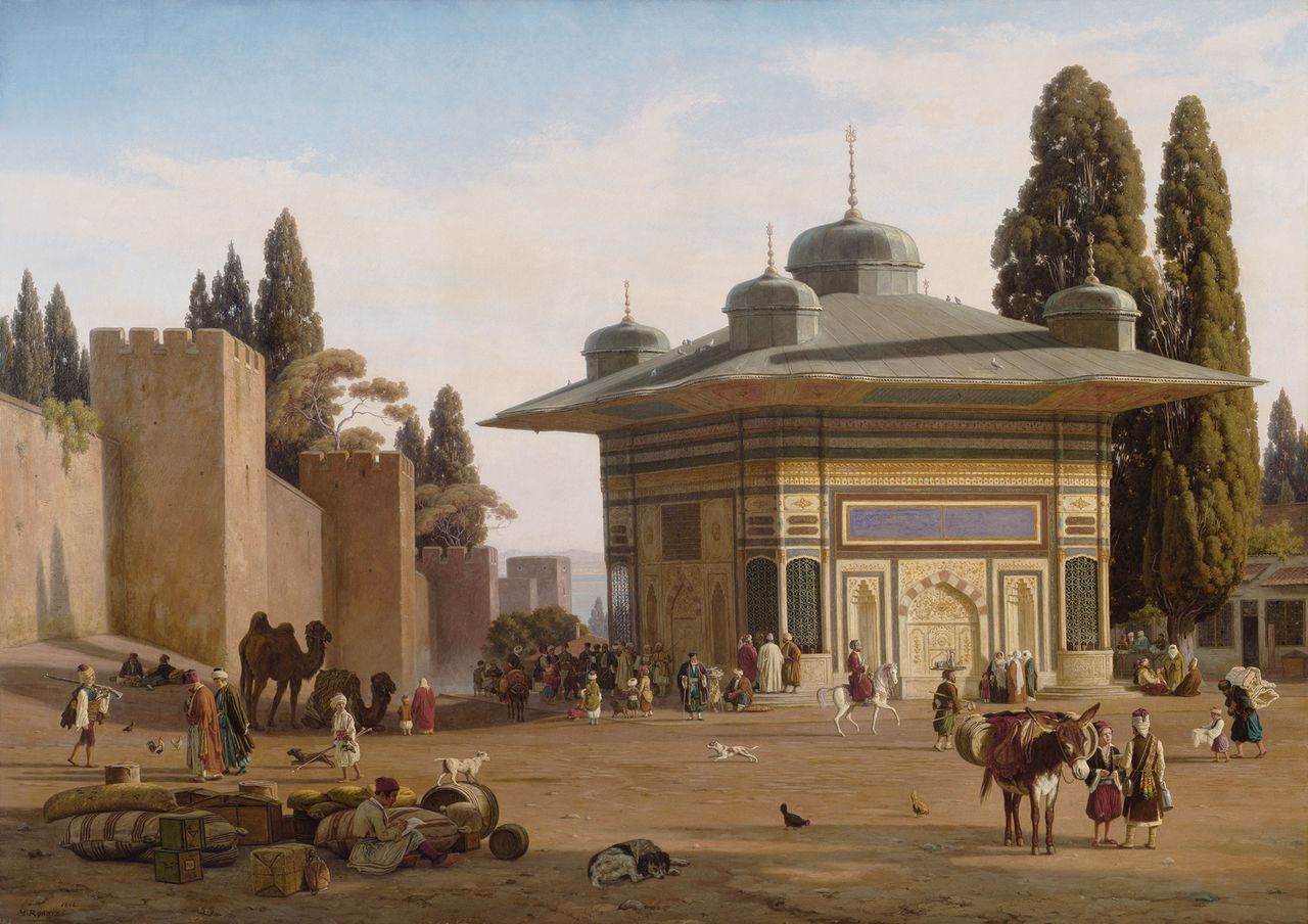 The Fountain in the Square of St Sophia by  the Gate of the Seraglio in Constantinople, vintage artwork by Martinus Rørby e, A3 (16x12") Poster Print
