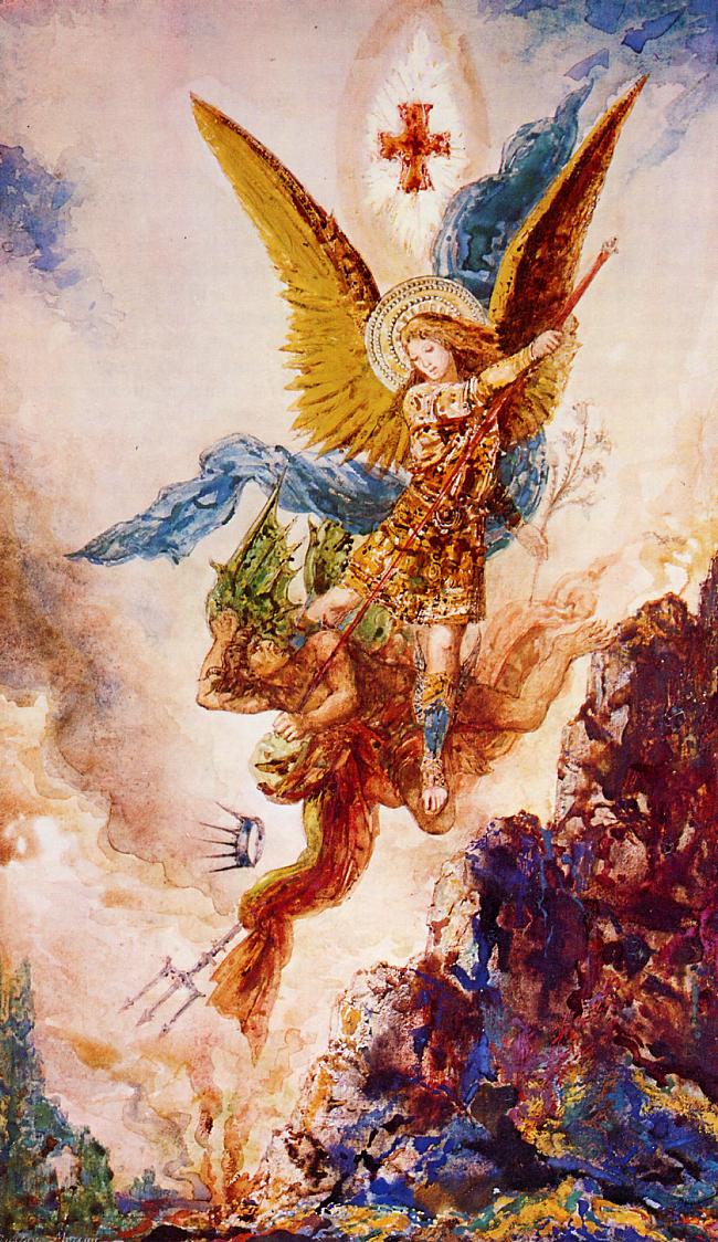 Saint Michael Vanquishing Satan, vintage artwork by Gustave Moreau, 12x8" (A4) Poster