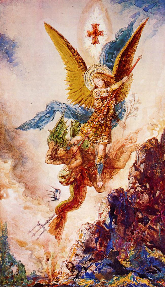 Saint Michael Vanquishing Satan, vintage artwork by Gustave Moreau, 12x8" (A4) Poster