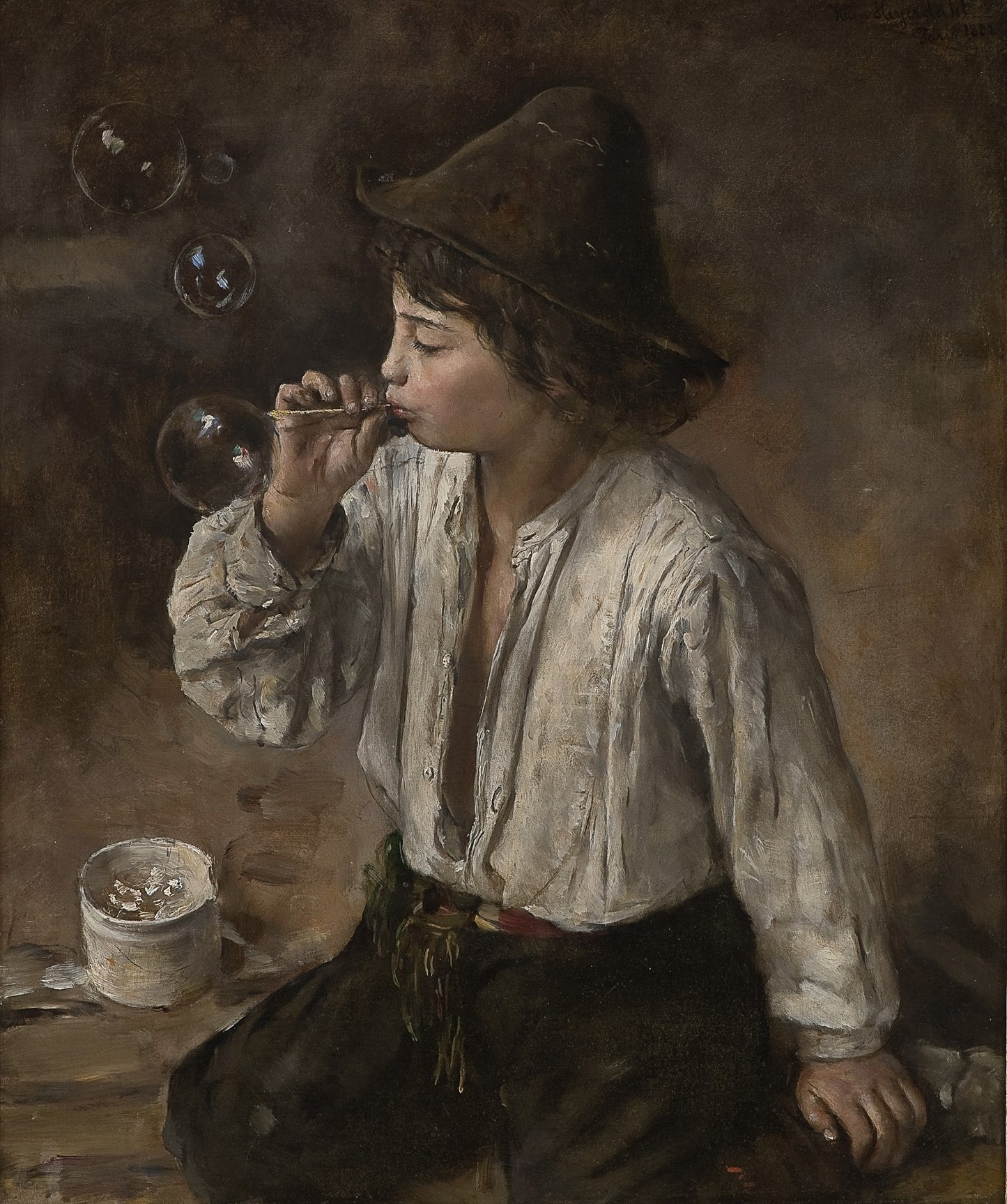 Boy blowing soap bubbles, vintage artwork by Hans Heyerdahl, 12x8" (A4) Poster