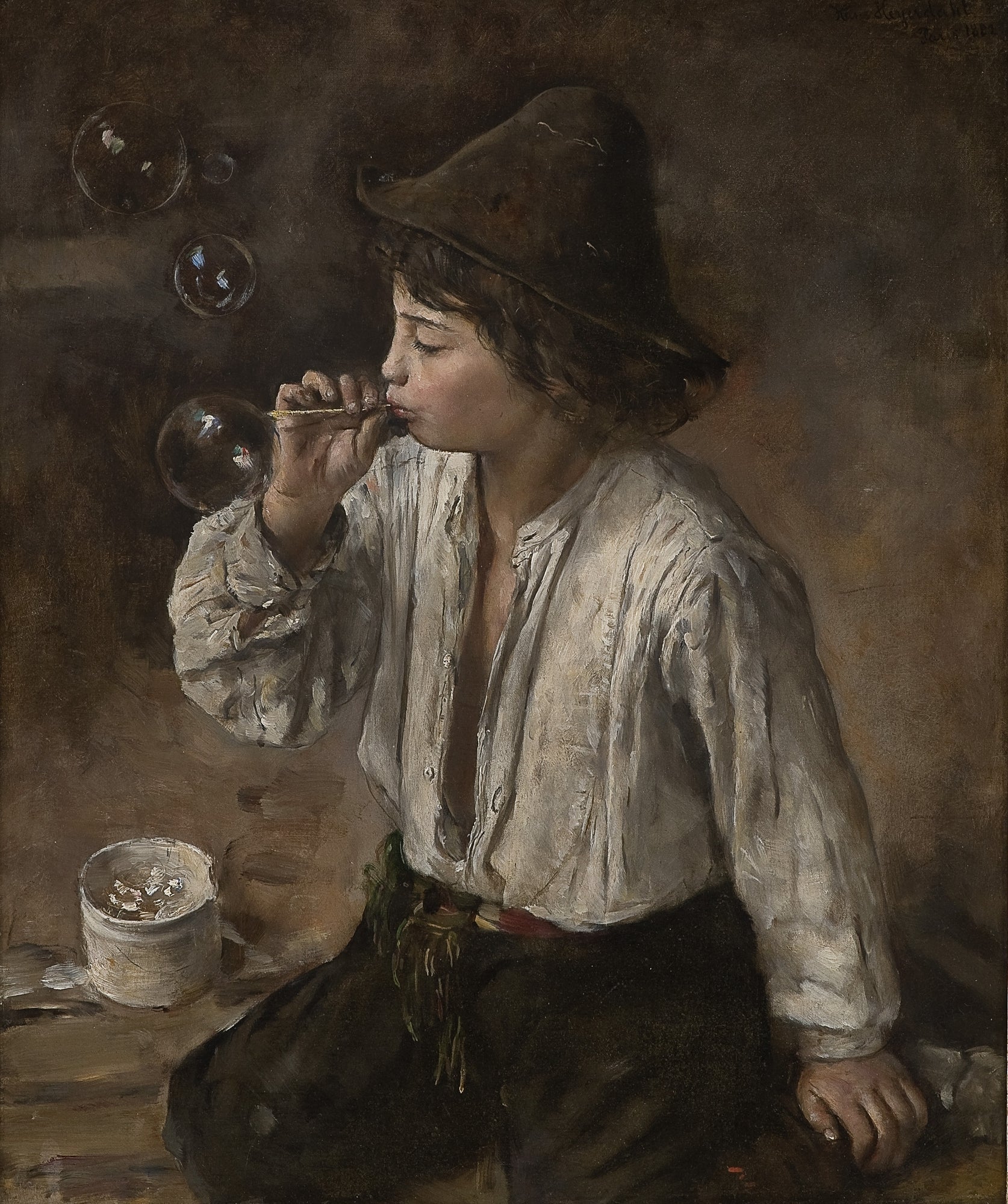 Boy blowing soap bubbles, vintage artwork by Hans Heyerdahl, 12x8" (A4) Poster