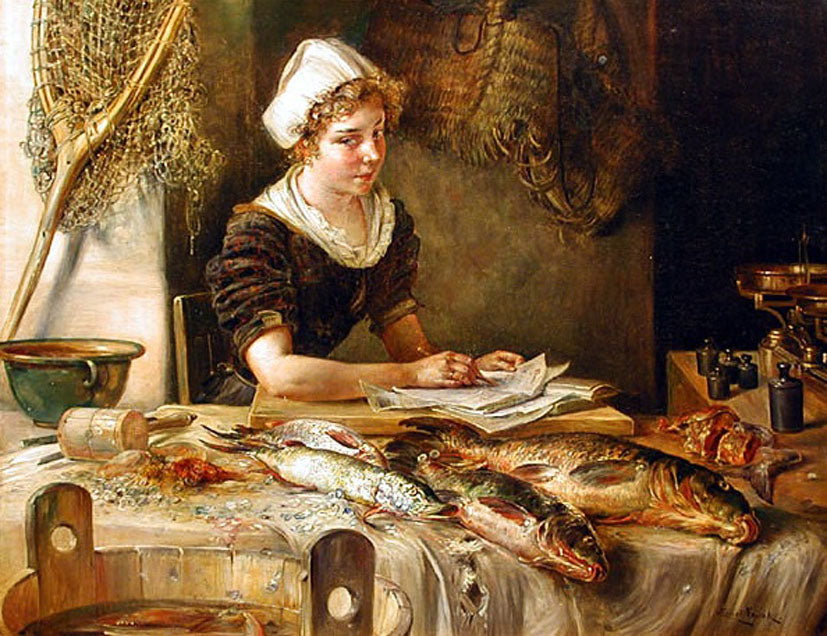 Fish-seller, vintage artwork by Ernst Nowak, 12x8" (A4) Poster