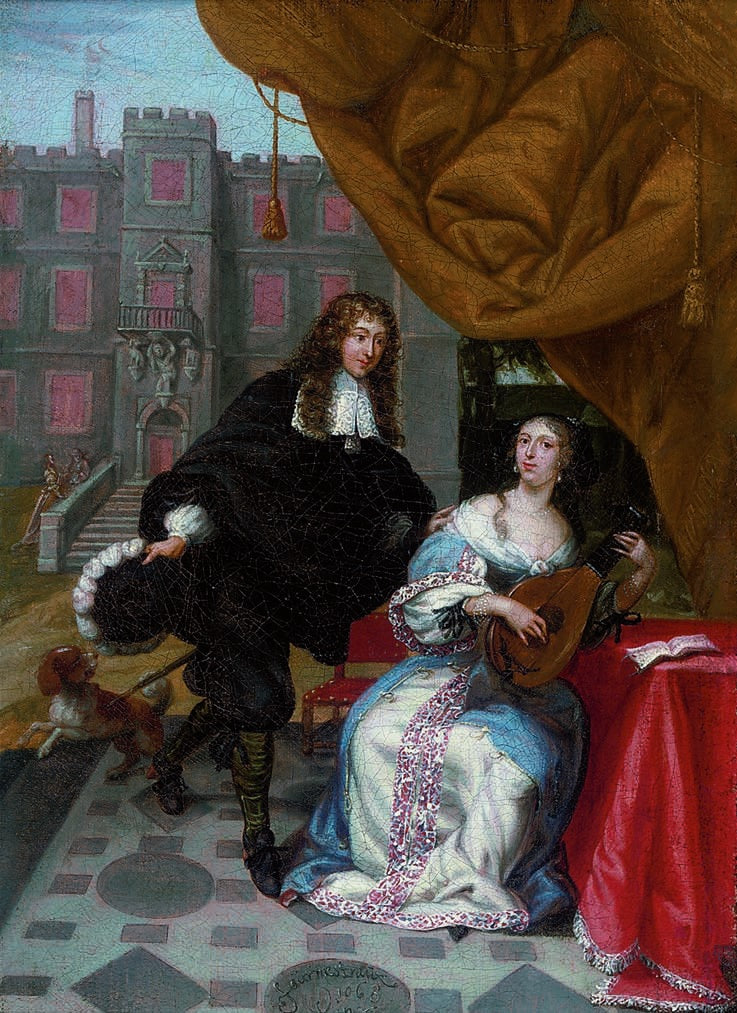 Een jongeman maakt een musicerende vrouw het hof in een tuinpriee, vintage artwork by Jacob de Formentrou, 12x8" (A4) Poster