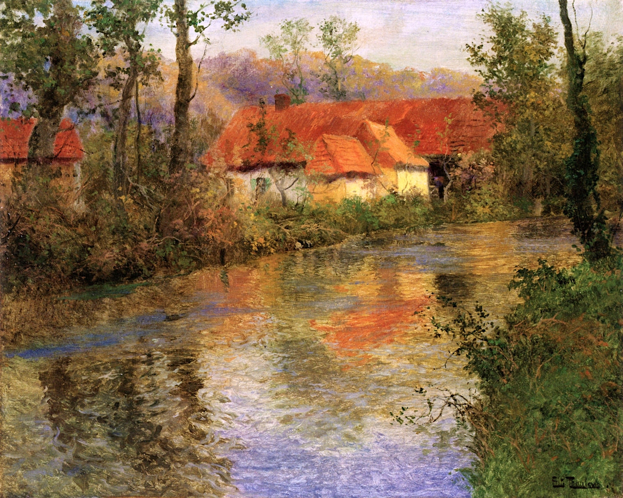 Farm with Red Roofs on the Banks of the Arques, End of Summer, vintage artwork by Fritz Thaulow, 12x8" (A4) Poster