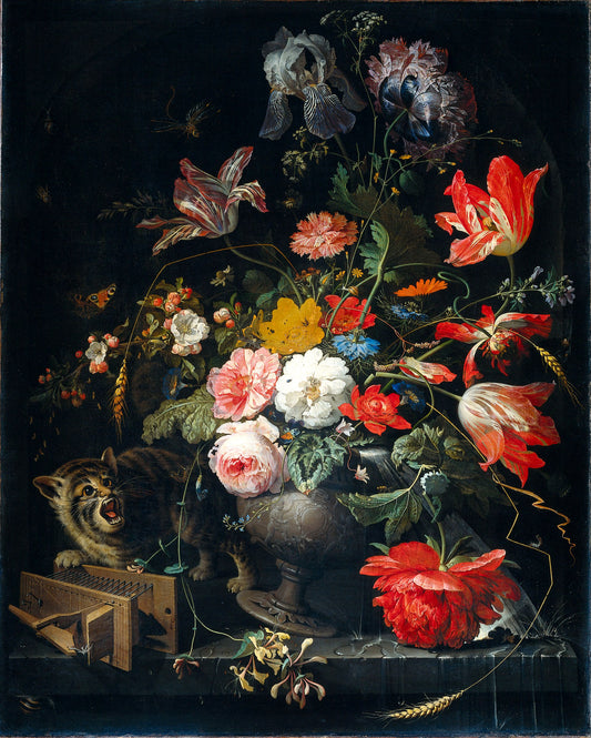 Bouquet with cat and mousetrap, vintage artwork by Abraham Mignon, 12x8" (A4) Poster