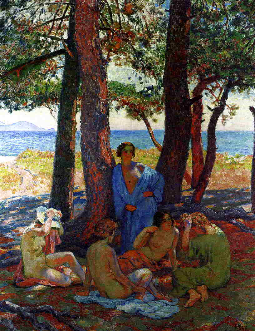 Bathers under the Pines by  the Sea, vintage artwork by Theo van Rysselberghe, 12x8" (A4) Poster