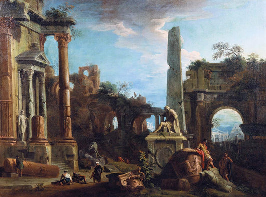Caprice View with Roman Ruins, vintage artwork by Marco Ricci, 12x8" (A4) Poster