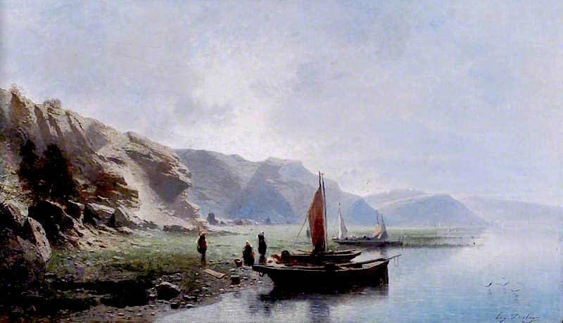The Shore of a Lake with Boats and Figures, vintage artwork by Eugene Deshayes, 12x8" (A4) Poster