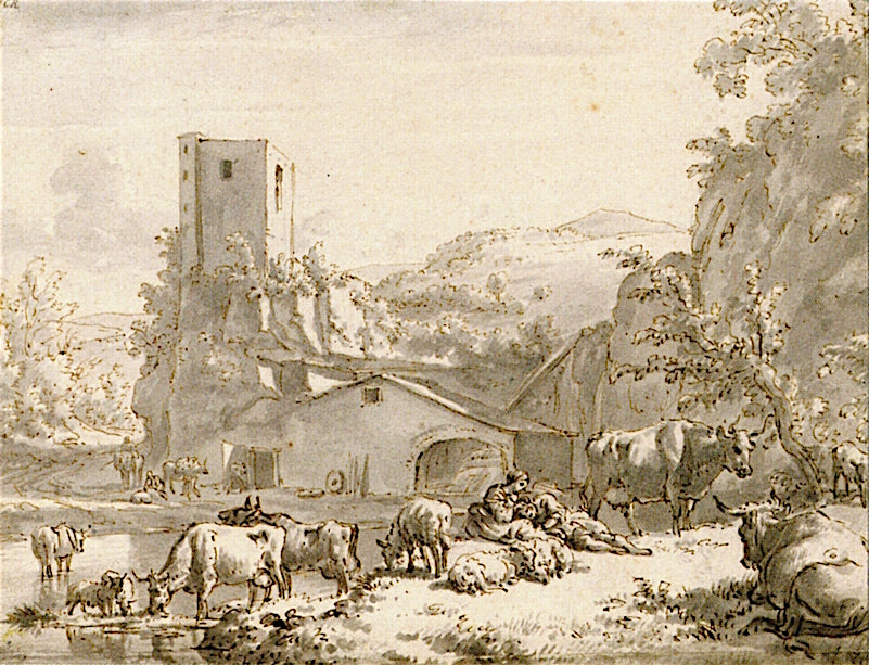 Italian Landscape with Herdsman, Herdsman and Animals, vintage artwork by Adriaen van de Velde, 12x8" (A4) Poster