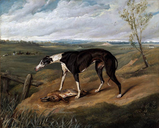 A Greyhound with a Hare, vintage artwork by Sir Edwin Landseer, A3 (16x12") Poster Print