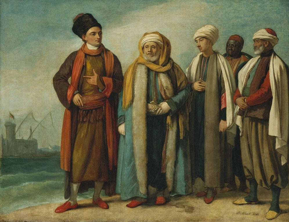 The Ambassador from Tunis with His Attendants as He Appeared in England in 1781, vintage artwork by Benjamin West, 12x8" (A4) Poster