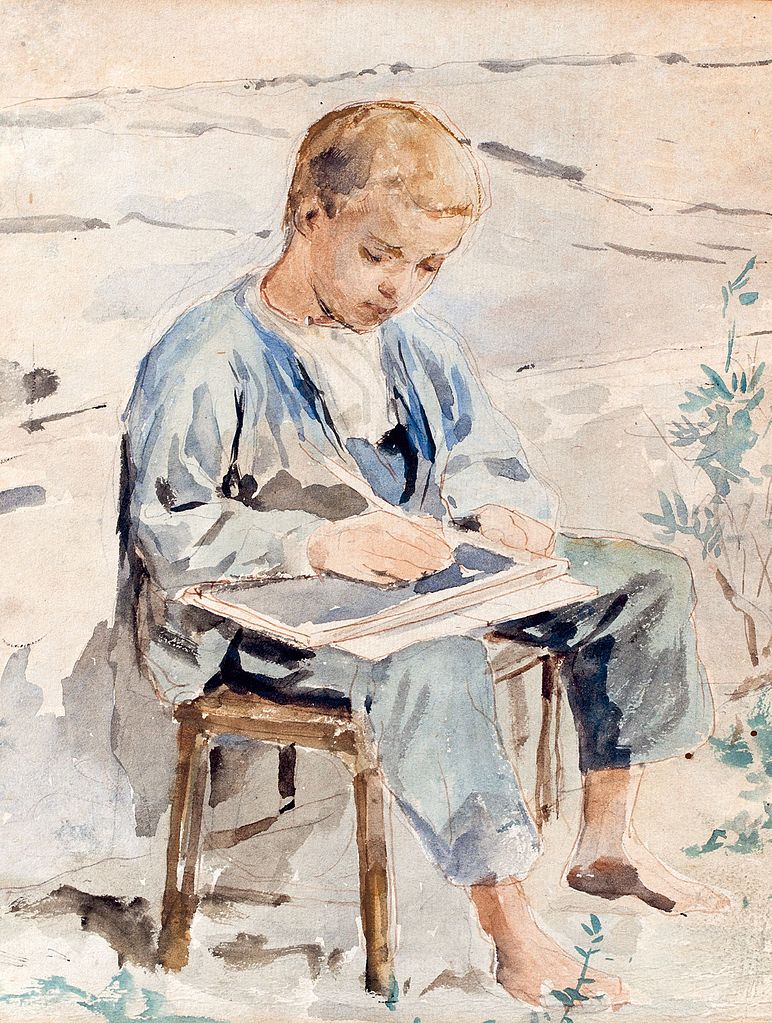 Boy with Slate, vintage artwork by Albert Anker, 12x8" (A4) Poster