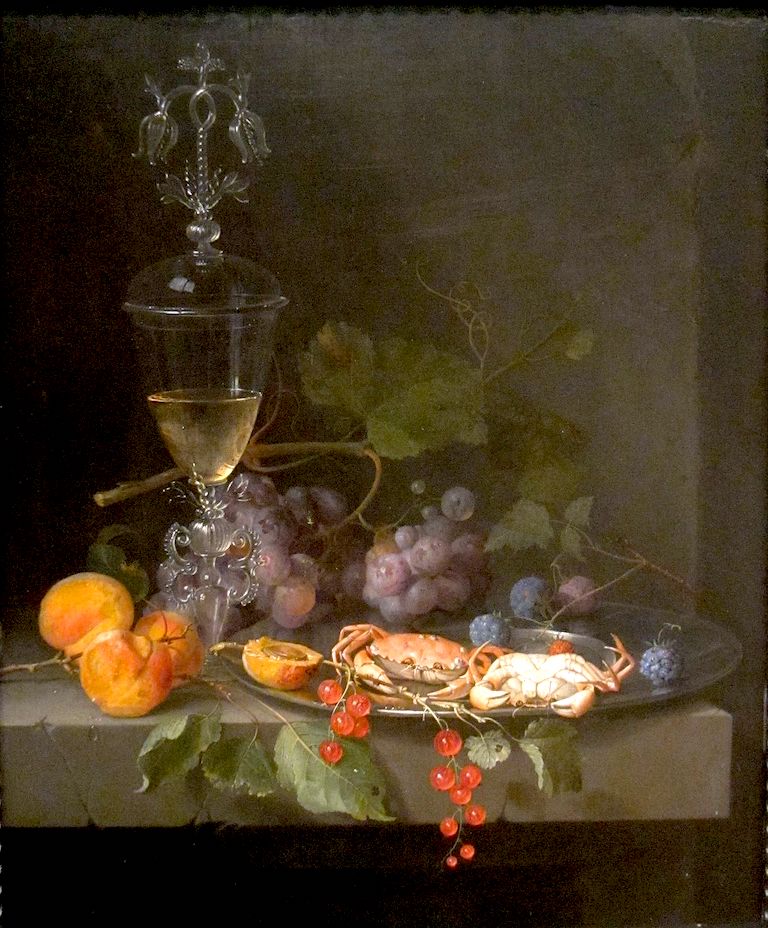 Still Life with Crabs on a Pewter Plate, vintage artwork by Abraham Mignon, 12x8" (A4) Poster