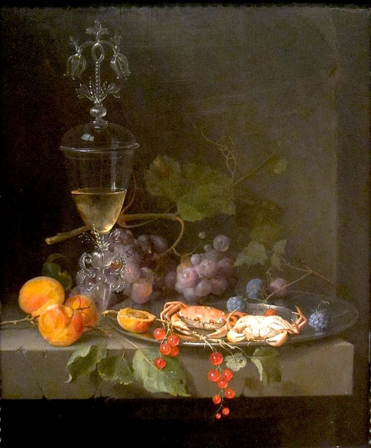 Still Life with Crabs on a Pewter Plate, vintage artwork by Abraham Mignon, 12x8" (A4) Poster