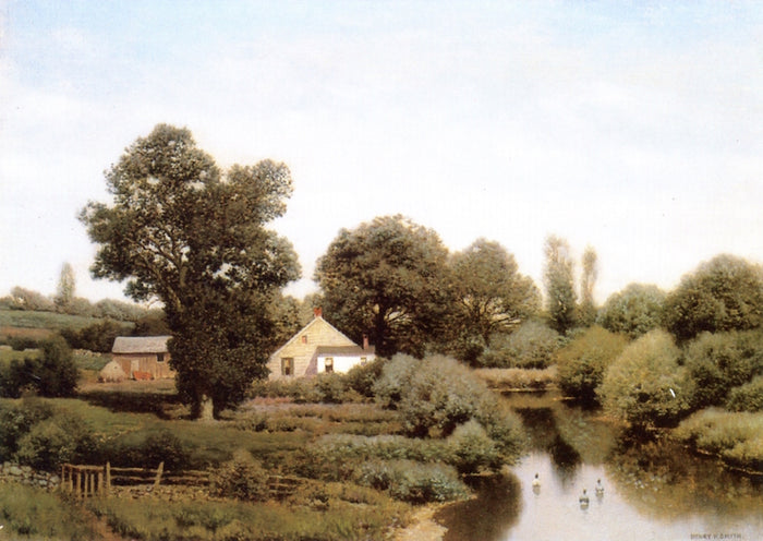 Cottage by  a Stream, vintage artwork by Henry Pember Smith, 12x8