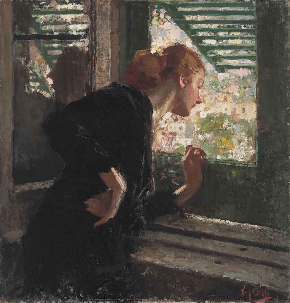 Lady at a Window, vintage artwork by Vincenzo Irolli, 12x8" (A4) Poster