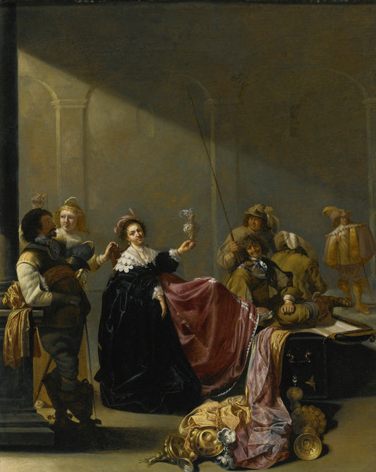 A Guardroom Interior with a Seated Woman amongst Plunder, vintage artwork by Jacob Duck, 12x8" (A4) Poster