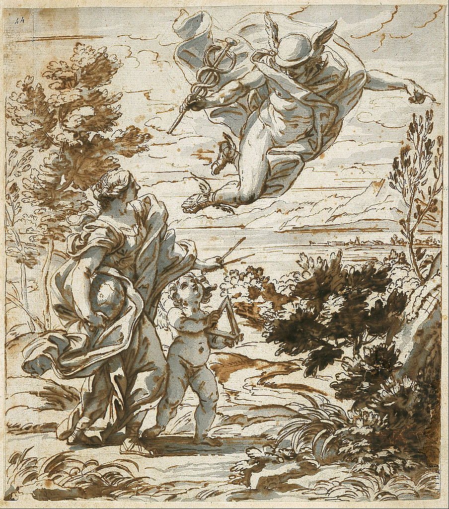 Mercury Leading Geography, vintage artwork by Giovanni Battista Gaulli, 12x8" (A4) Poster