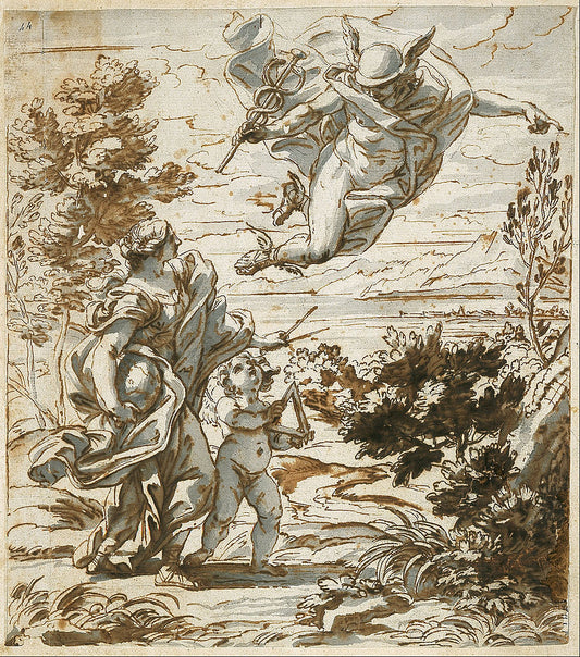 Mercury Leading Geography, vintage artwork by Giovanni Battista Gaulli, 12x8" (A4) Poster