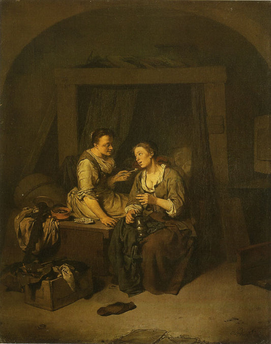 Two Women Drinking and Smoking, vintage artwork by Cornelis Pietersz  Bega, 12x8" (A4) Poster
