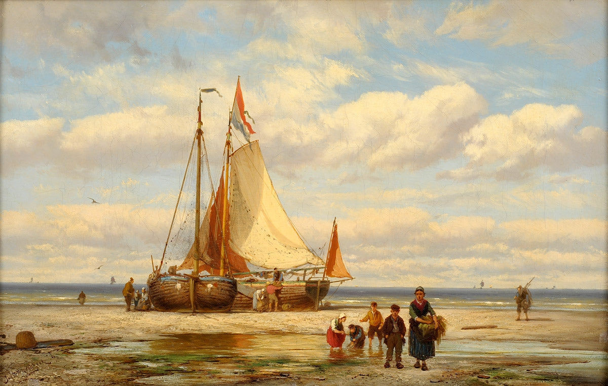 Beach scene with fishermen, vintage artwork by Johannes Hermanus Barend Koekkoek, 12x8" (A4) Poster