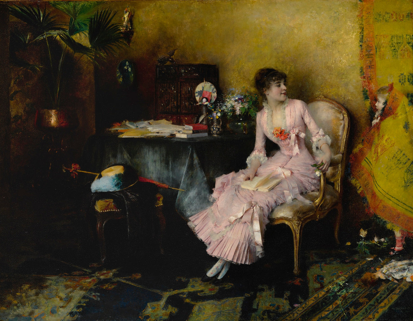 Jeune femme en rose avec son enfant, vintage artwork by Pascal Dagnan-Bouveret, 12x8" (A4) Poster