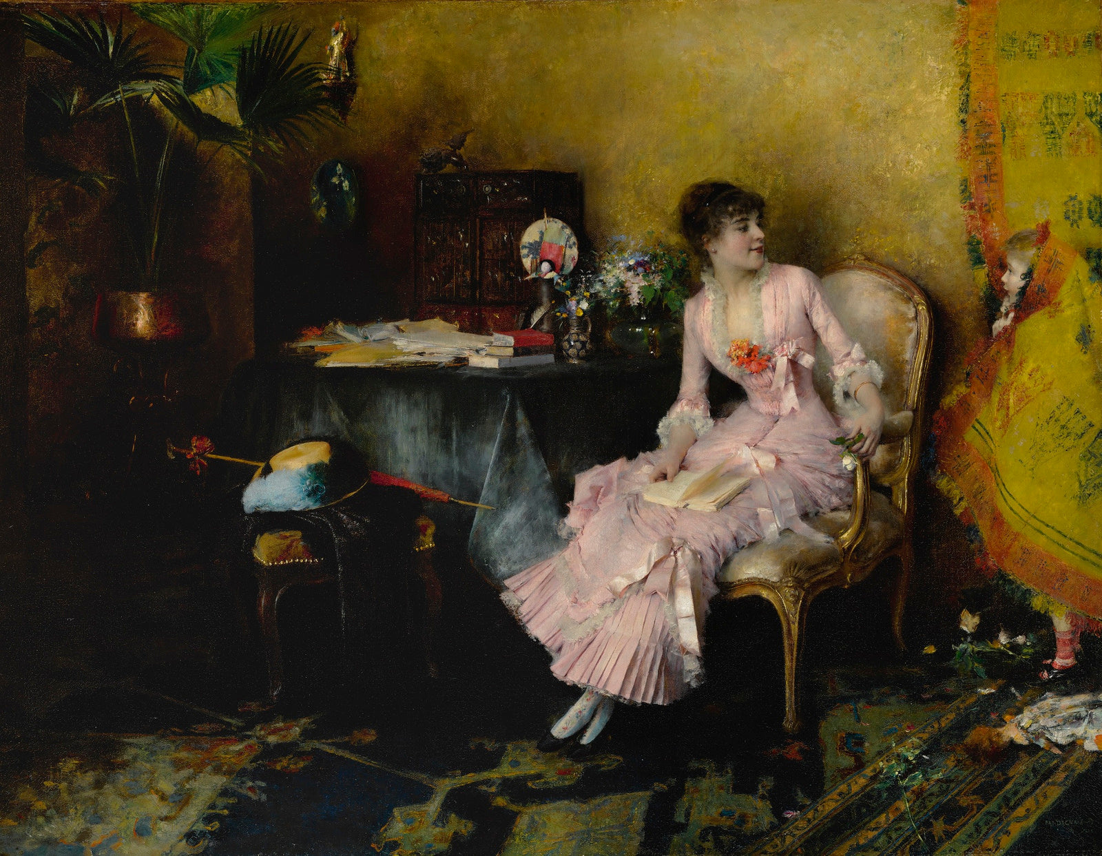 Jeune femme en rose avec son enfant, vintage artwork by Pascal Dagnan-Bouveret, 12x8" (A4) Poster