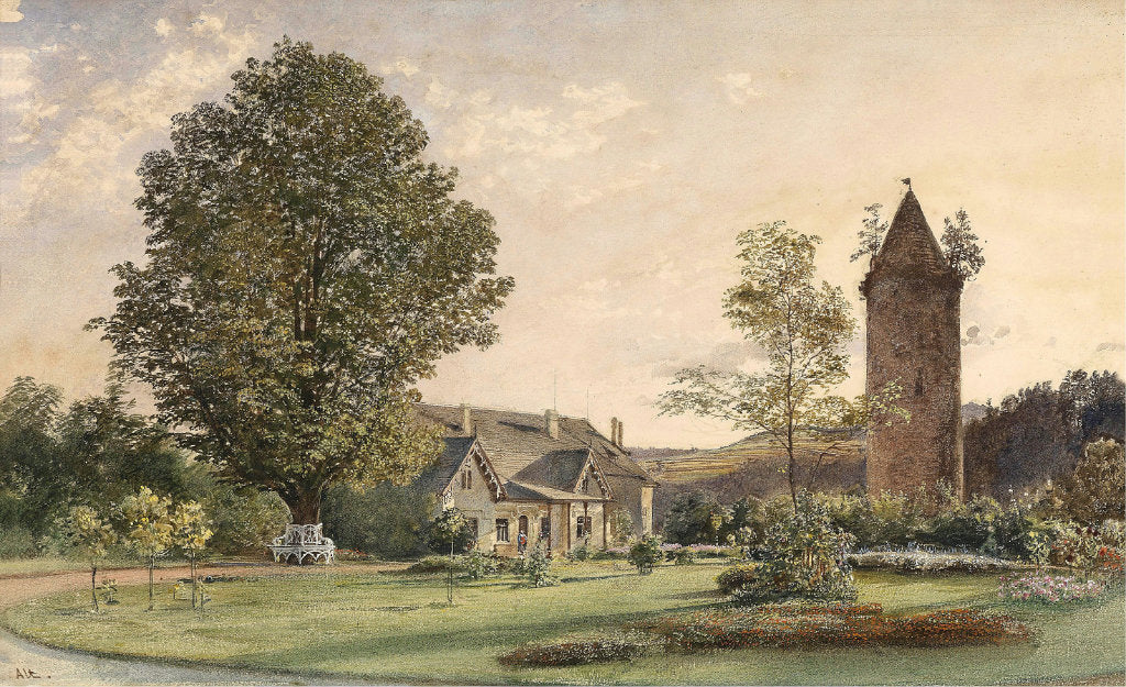The cottage and the Jacobin tower in the park of the New Castle Rosenberg on the Vltava River, vintage artwork by Rudolf von Alt, A3 (16x12") Poster Print