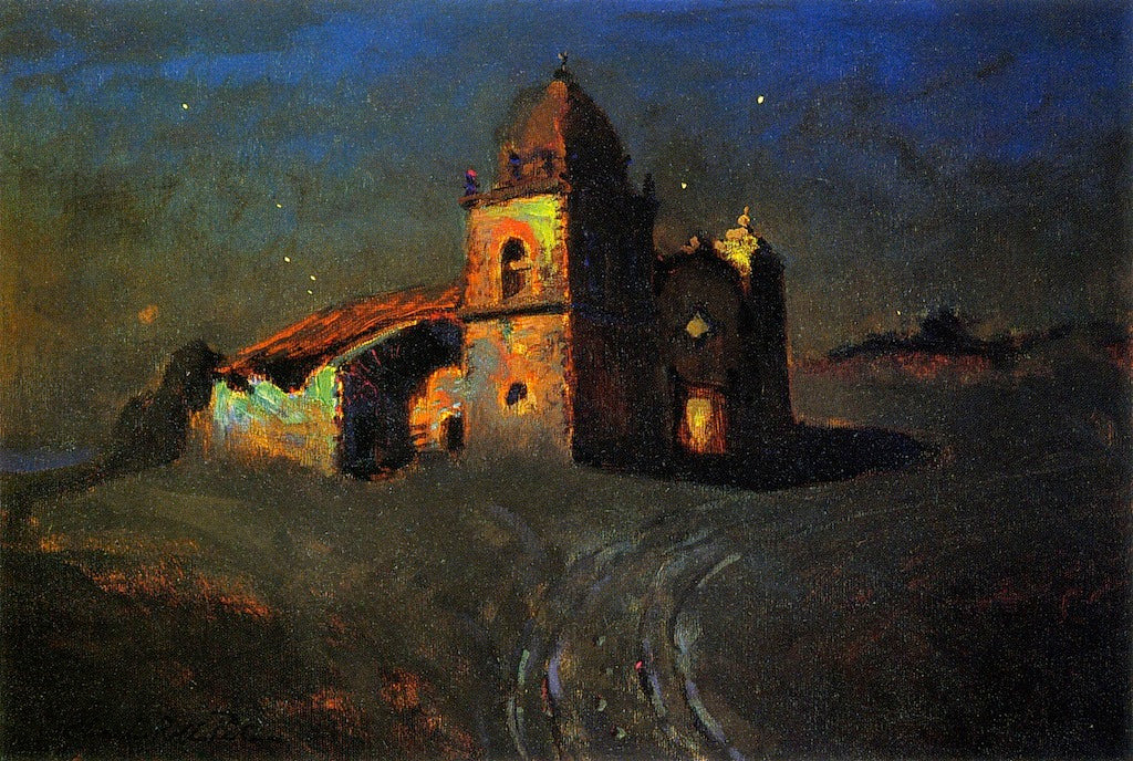 Starlit Mission, Carmel, vintage artwork by Charles Rollo Peters, 12x8" (A4) Poster
