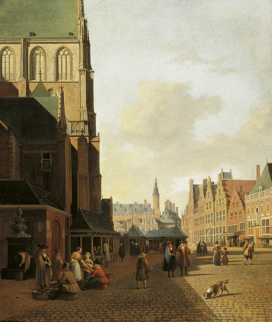 The Fish Market in Haarlem looking towards the Town Hall, vintage artwork by Gerrit Adriaensz.Berckheyde, 12x8" (A4) Poster