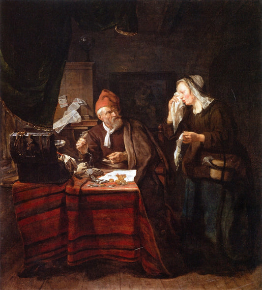 A Moneylender Visited by  a Weeping Woman, vintage artwork by Gabriël Metsu, 12x8" (A4) Poster