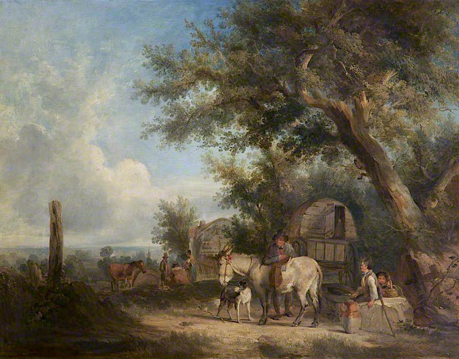 Landscape with Gipsy Figures, vintage artwork by William Shayer Snr, 12x8" (A4) Poster