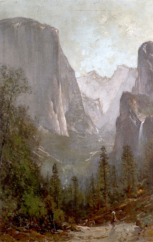Riders Leaving the Yosemite Valley with El Capitan and Bridal Veil Falls beyond, vintage artwork by Thomas Hill, 12x8" (A4) Poster