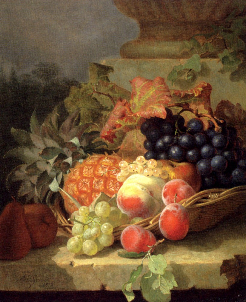 Peaches, Grapes And A Pineapple In A Basket, On A Stone Ledge, vintage artwork by Eloise Harriet Stannard, 12x8" (A4) Poster