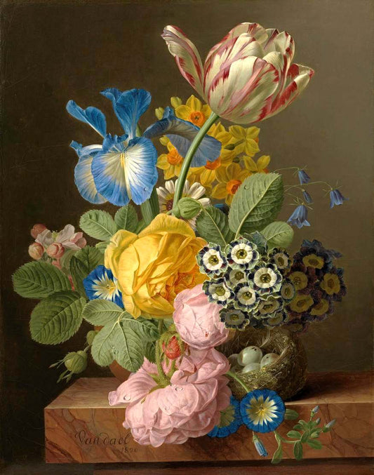 A Vase Of Flowers With A Bird's Nest On A Marble Ledge, vintage artwork by Jan Frans van Dael, 12x8" (A4) Poster